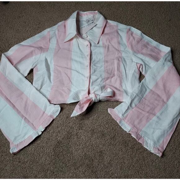 New Women's Frankie + Dash Size 12 Striped Pink Button Up Crop Top - Picture 1 of 6
